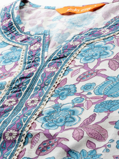 Floral Printed Regular Pure Cotton Kurta with Trousers & Dupatta