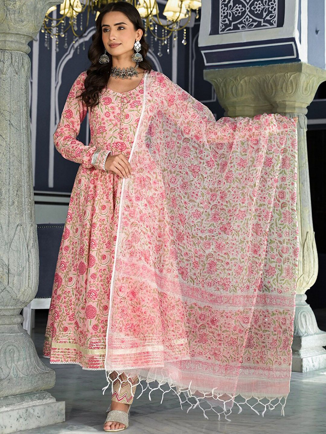 Dhiyona KL Floral Printed Anarkali Kurta & Trousers With Dupatta