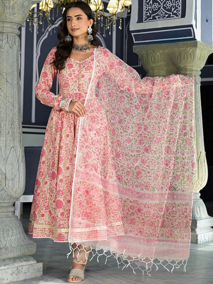 Dhiyona KL Floral Printed Anarkali Kurta & Trousers With Dupatta