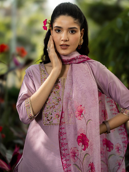 Floral Yoke Design Round Neck Kurta With Trousers & Dupatta