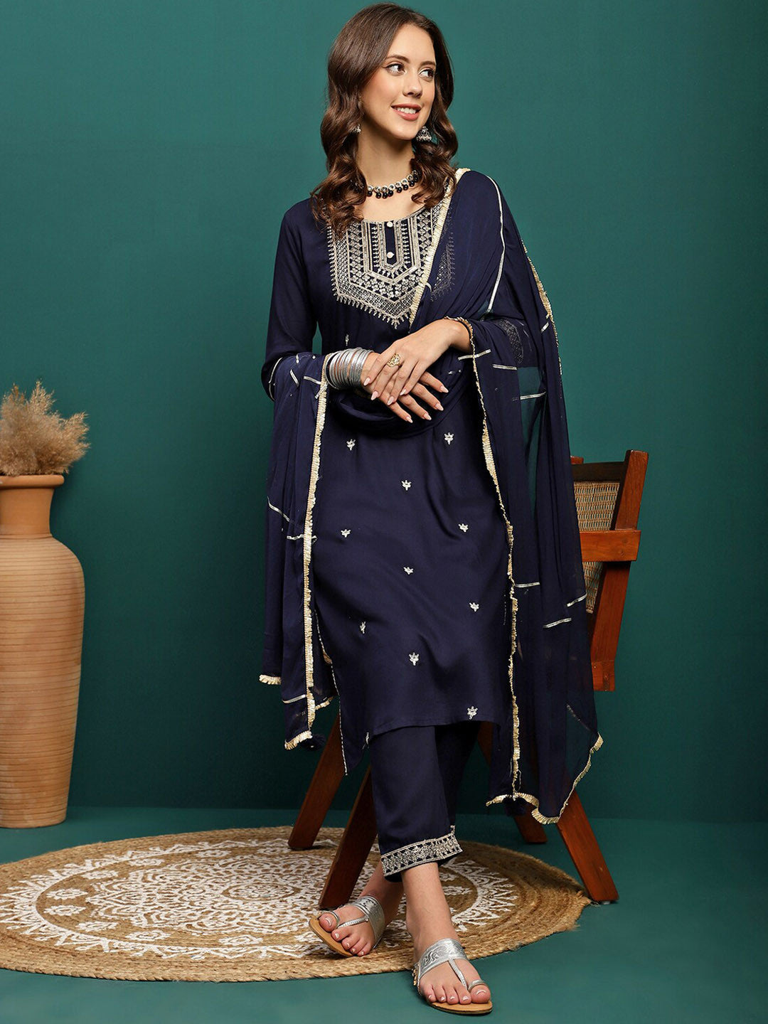 Dhiyona SN Embroidered Straight Kurta With Trouser & Dupatta Set