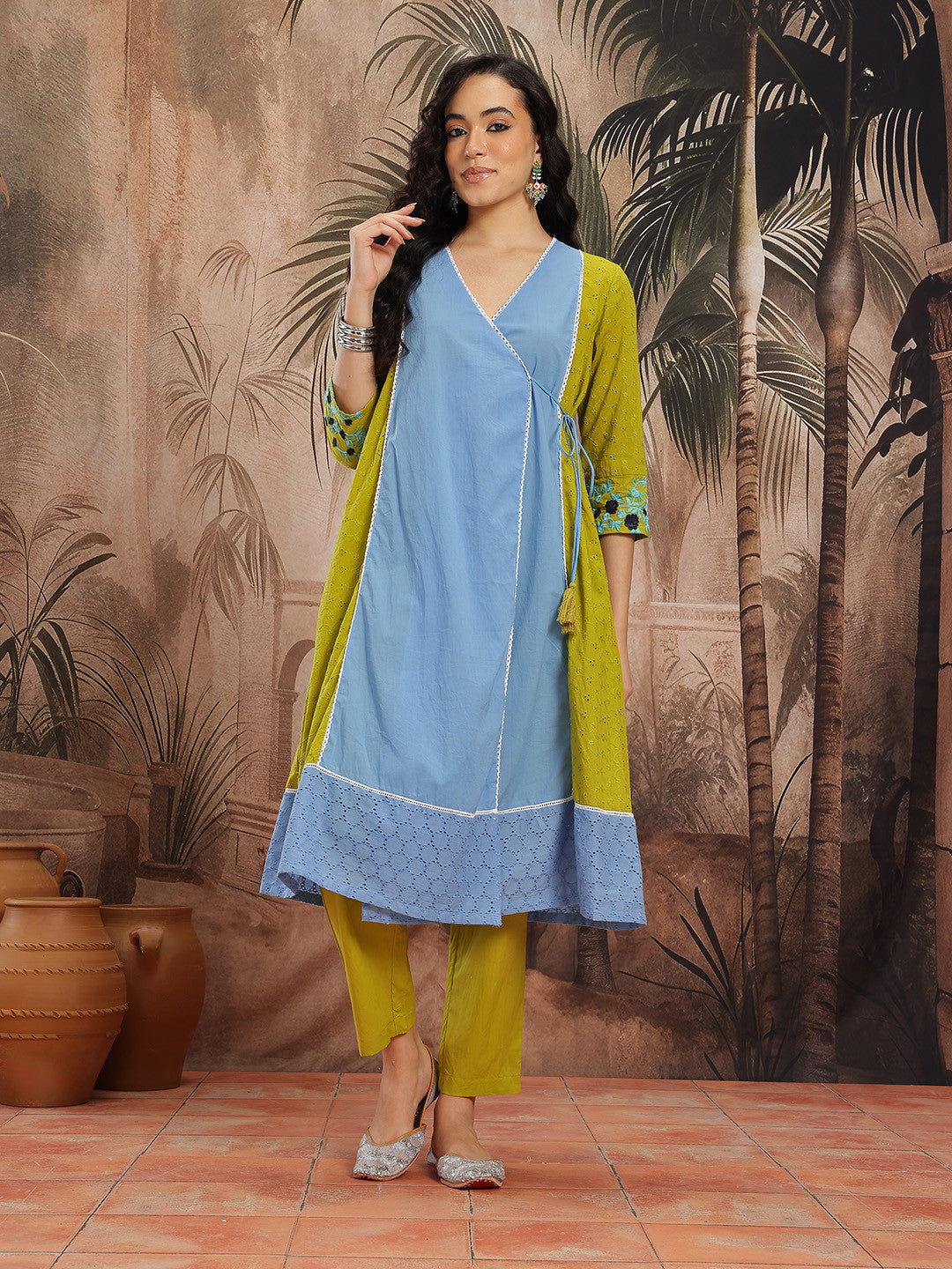 Floral Schiffli Embroidered Angrakha Style Pure Cotton A-Line Republic Day Kurta with Trousers