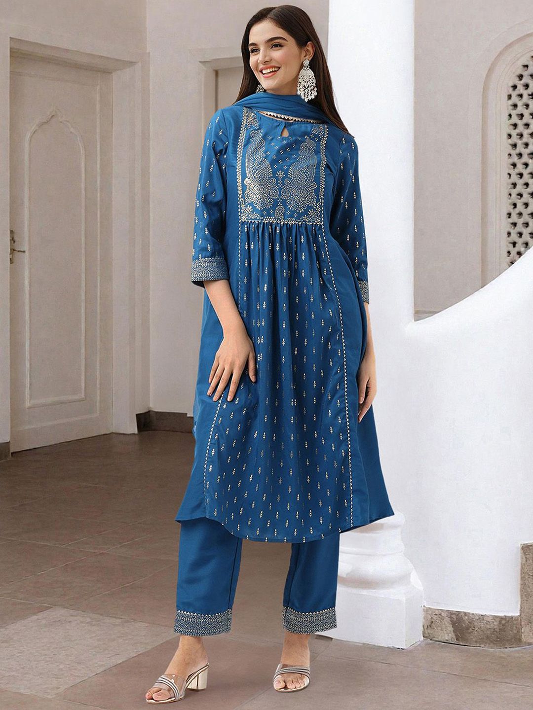 Dhiyona IS Women's Women Ethnic Motifs Printed Pleated Kurta with Trousers