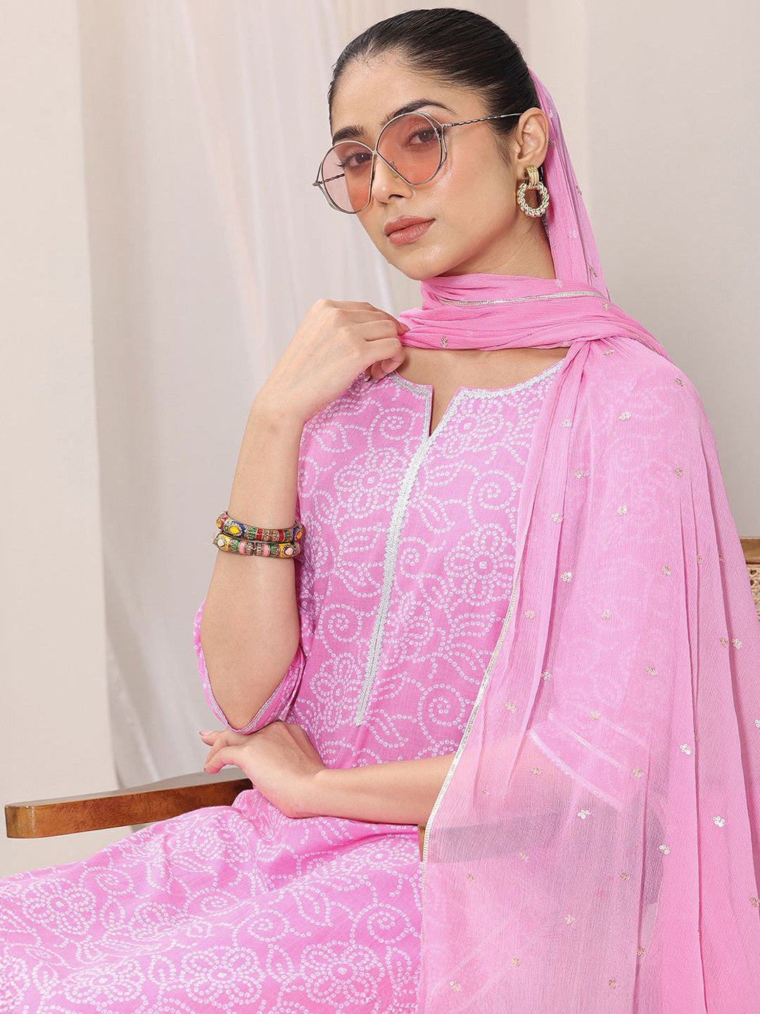 Bandhani Printed Thread Work Straight Kurta With Palazzos & Dupatta