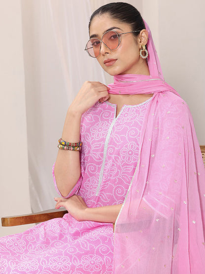 Bandhani Printed Thread Work Straight Kurta With Palazzos & Dupatta