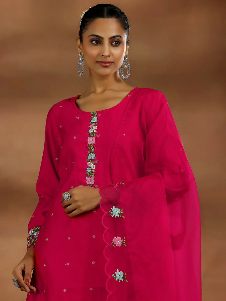 Women's LB Red Embroidered Silk Blend Straight Suit With Dupatta