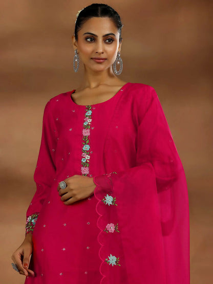 Women's LB Red Embroidered Silk Blend Straight Suit With Dupatta