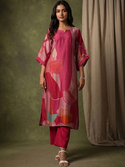 Women Printed Regular Chanderi Silk Kurta with Trousers