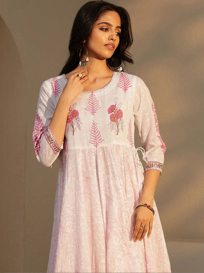 White Floral Printed Cotton Anarkali Suit Set