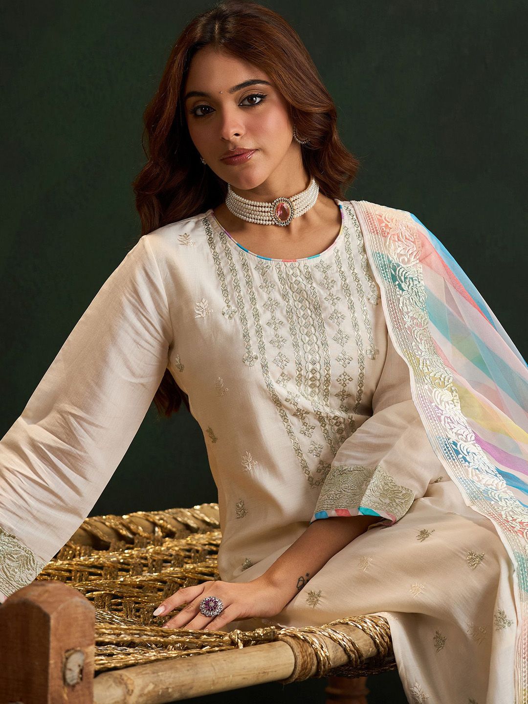 Dhiyona IE Women Ethnic Motifs Embroidered Regular Pure Cotton Kurta with Trousers & With Dupatta