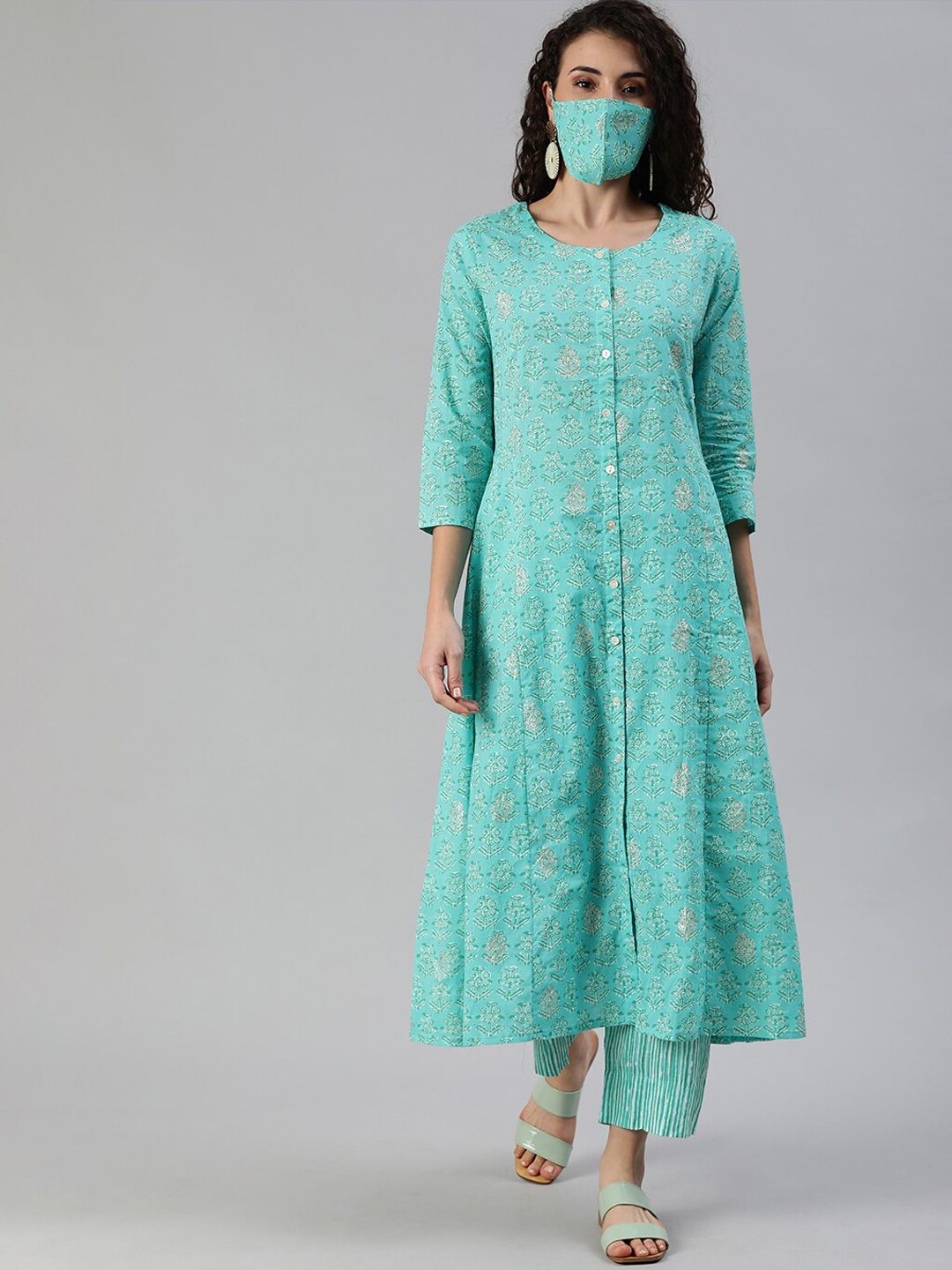 Dhiyona IS Women's Ethnic Motifs Printed Mirror Work Pure Cotton Kurta with Trousers & Mask