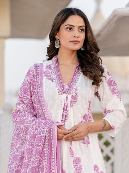 Dhiyona KL Floral Printed Pleated Pure Cotton A-Line Kurta with Palazzos & Dupatta