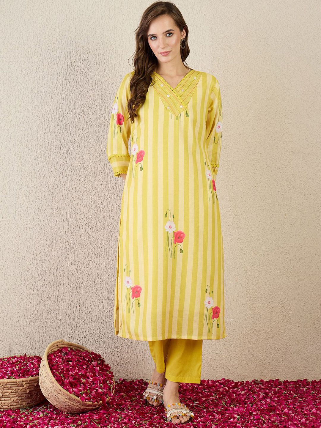 Striped V-Neck Linen Straight Kurta With Trouser