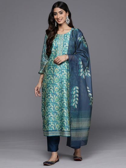 Sea Green Sea Green Floral Printed Hand work Kurta with Trousers & Dupatta