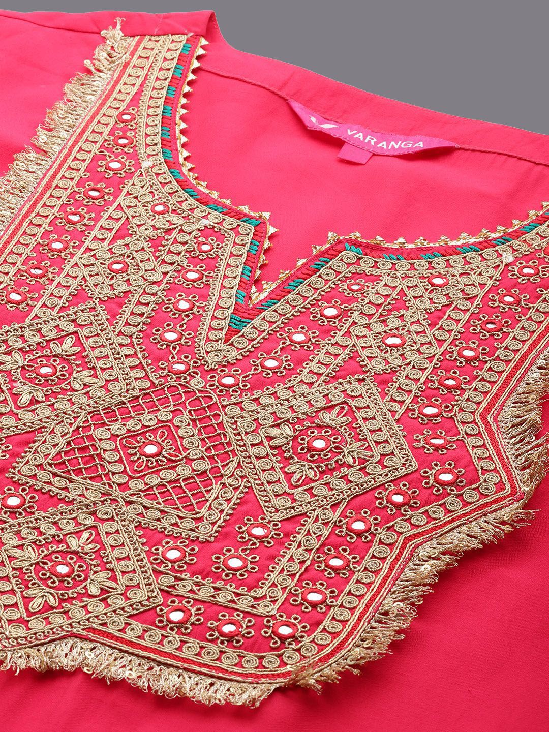 Dhiyona VA Geometric Embroidered Mirror Work Straight Kurta with Palazzo & Dupatta