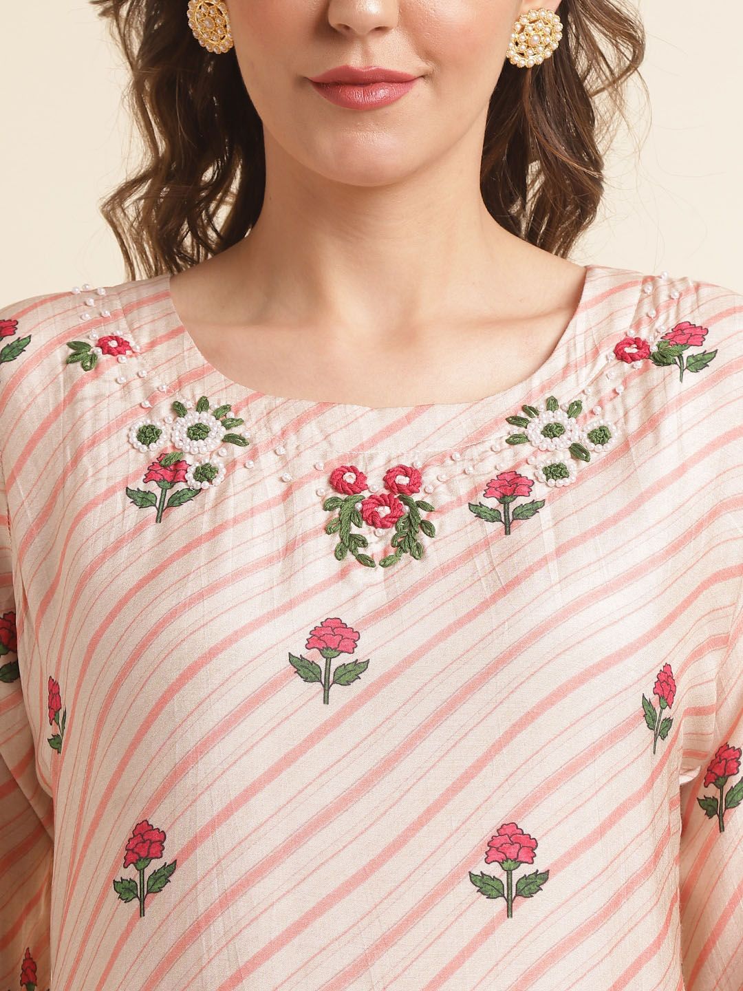 Dhiyona IS Women's Peach-Coloured Floral Printed Pure Cotton Straight Kurta & Trousers With Dupatta
