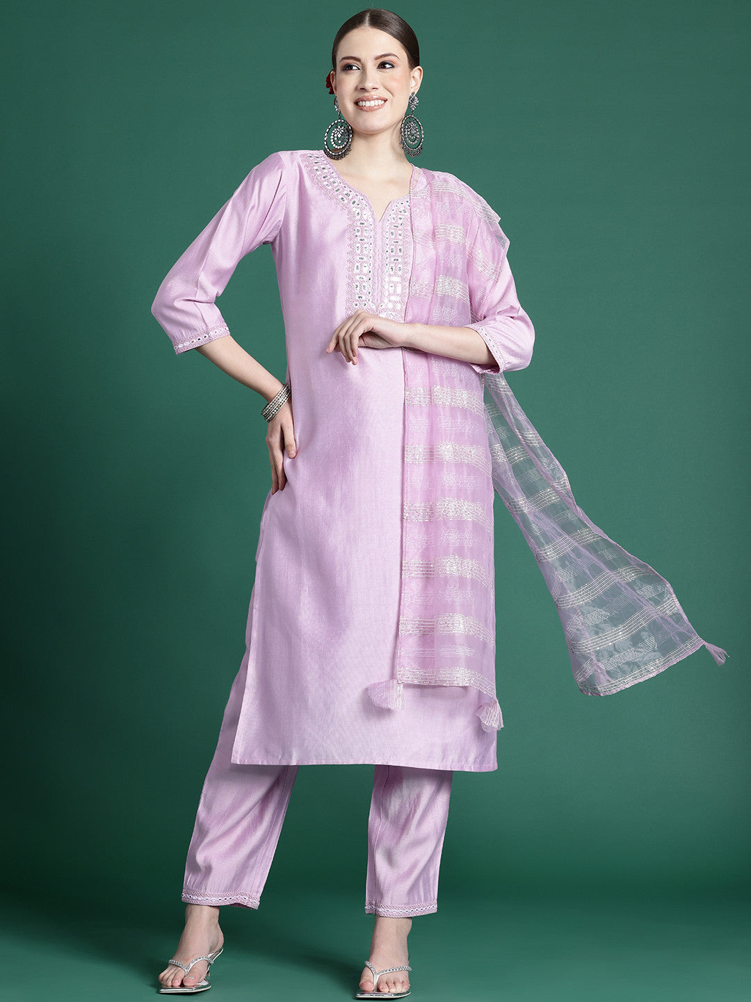 Yoke Design Mirror Work Liva Kurta With Trousers & Dupatta