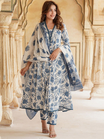 Dhiyona KL Floral Printed Pure Cotton Anarkali Kurta With Trousers & Dupatta