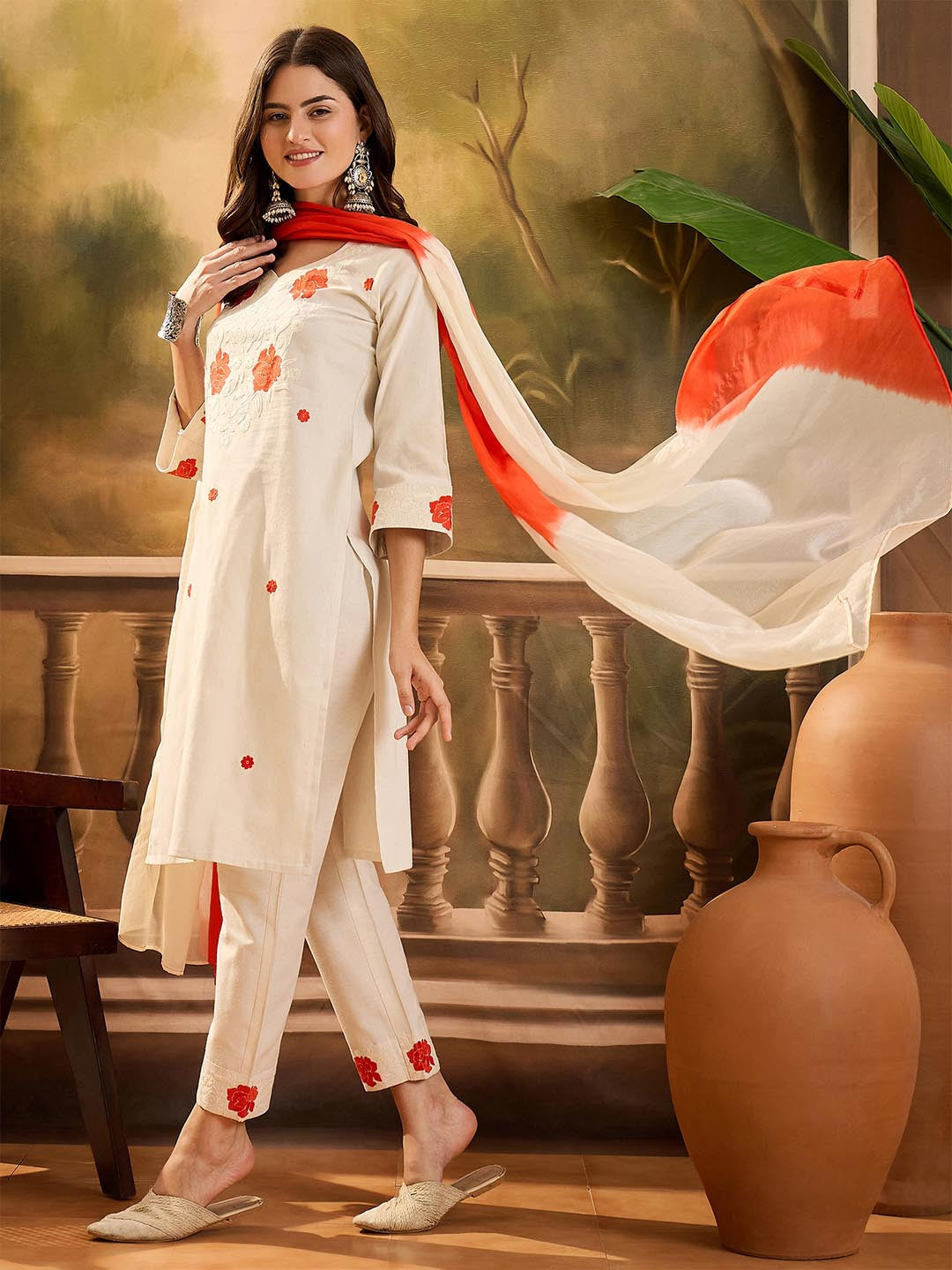 Women Floral Embroidered Kurta with Trousers & Dupatta