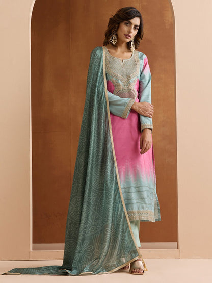 Dhiyona IS Women's Ethnic Motifs Embroidered Zari Work Straight Kurta with Trousers & Dupatta