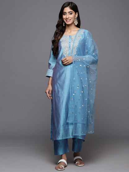 Blue Floral Embroidered Chanderi Silk Kurta With Trousers & Dupatta
