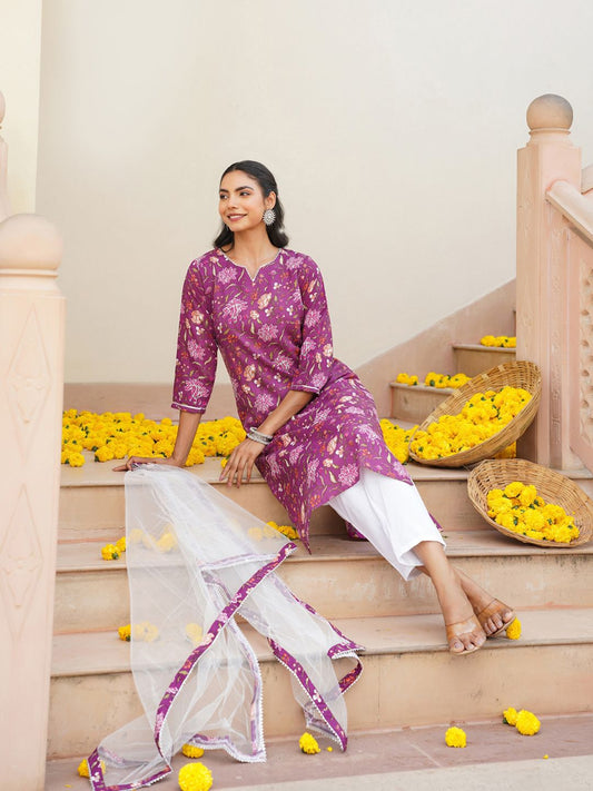 Dhiyona KL Floral Printed Straight Kurta & Trousers With Dupatta