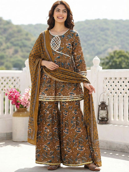 Dhiyona AN Women Floral Printed Angrakha Patchwork Pure Cotton Kurta with Sharara & With Dupatta