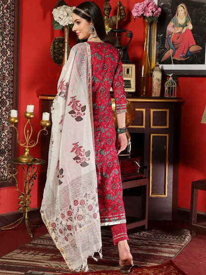 Dhiyona SN Women's Pink Floral Printed Mirror Work Pure Cotton A-Line Kurta Set