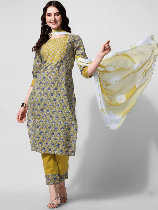 Dhiyona KL Ethnic Motifs Printed Mirror Work Pure Cotton Kurta With Trousers & Dupatta