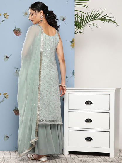 Dhiyona VA Women Floral Embroidered Sequinned Kurta With Sharara & Dupatta