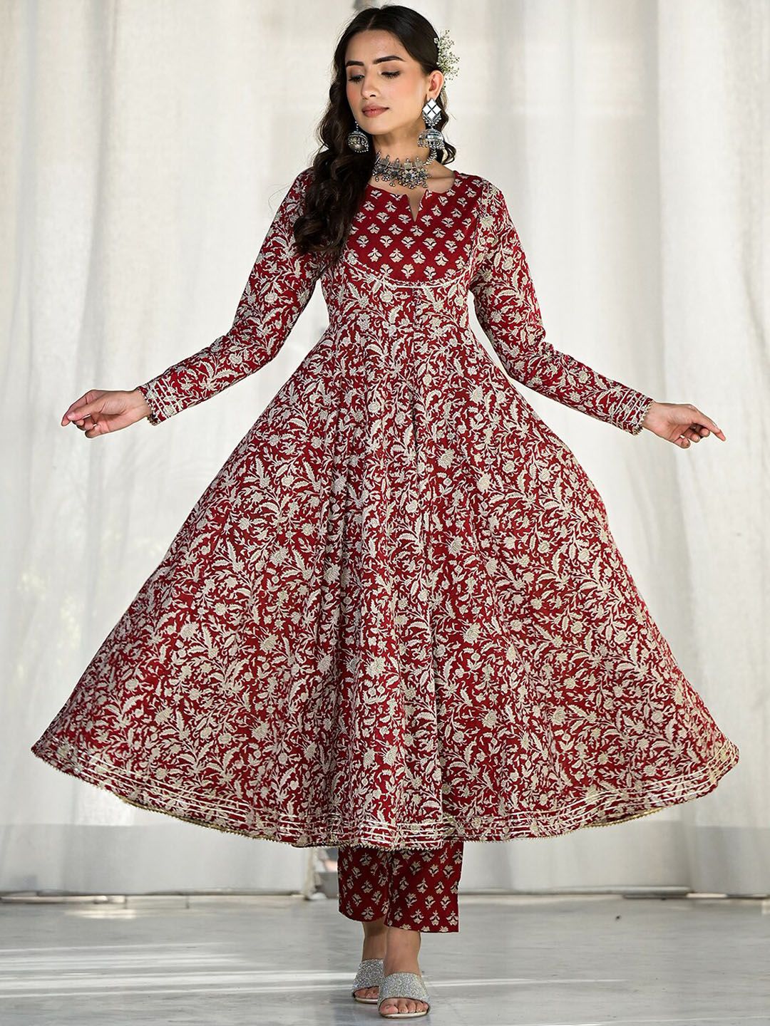 Dhiyona KL Floral Embroidered Gotta Patti Pure Cotton Anarkali Kurta With Trousers & Dupatta