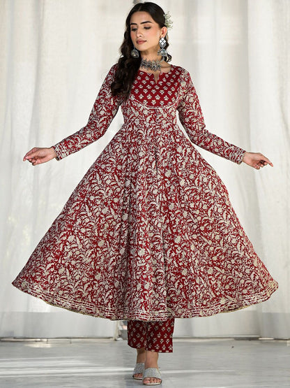 Dhiyona KL Floral Embroidered Gotta Patti Pure Cotton Anarkali Kurta With Trousers & Dupatta