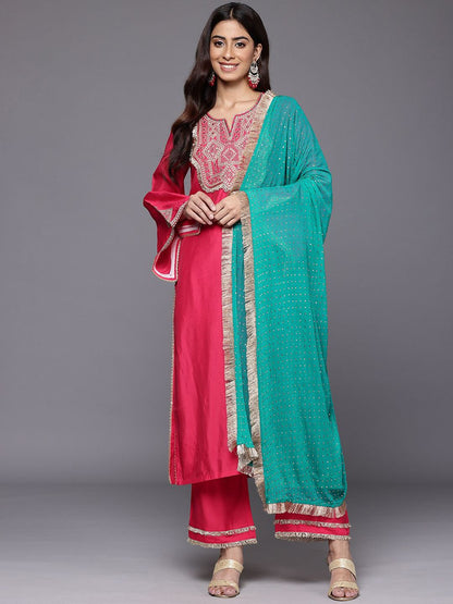 Dhiyona VA Geometric Embroidered Mirror Work Straight Kurta with Palazzo & Dupatta