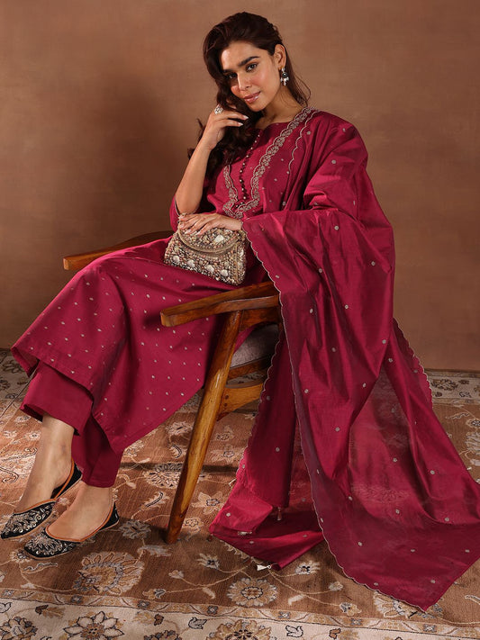 Ethnic Motifs Embroidered Zari Chanderi Silk Straight Kurta with Palazzos & Dupatta