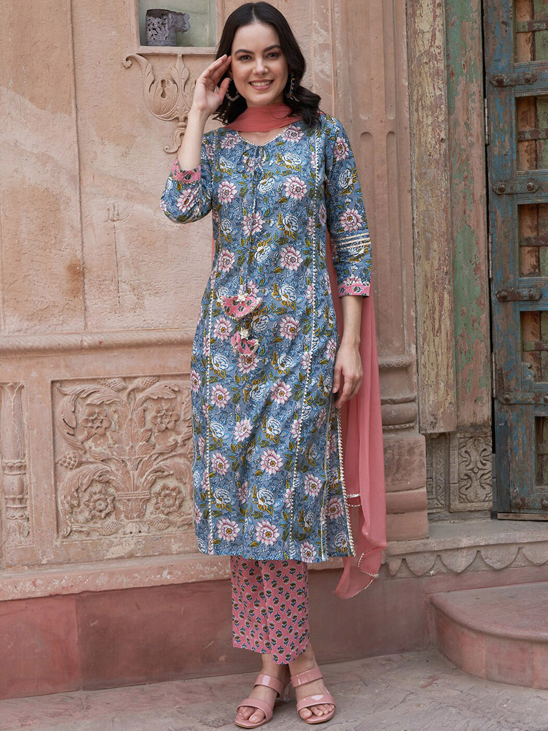Dhiyona SN Blue Floral Printed Gotta Patti Pure Cotton Kurta with Trousers & Dupatta