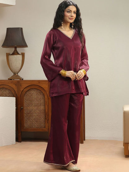 Libas Maroon Solid Tissue Palazzo Suit Set