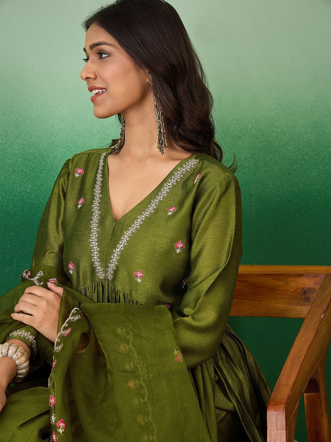 Dhiyona SN Women's Olive Green Zari Sequence Embroidered A-Line Kurta With Palazzos & Dupatta