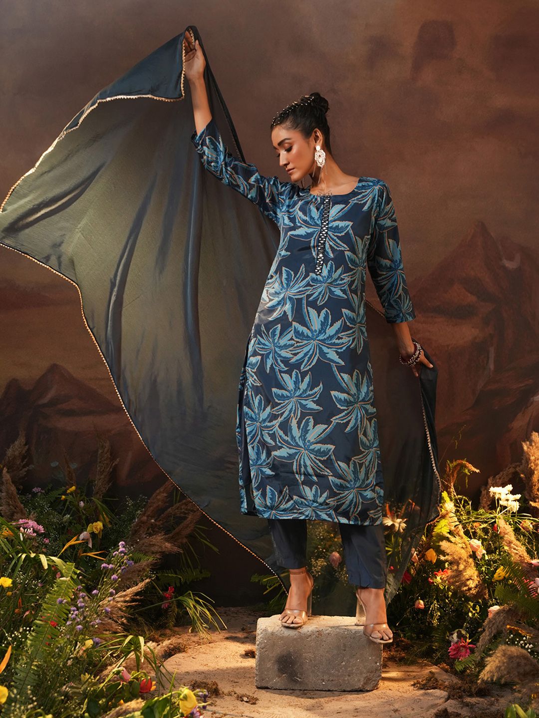 Dhiyona IS Women's Navy Blue Floral Printed Beads And Stones Straight Kurta With Trousers & Dupatta