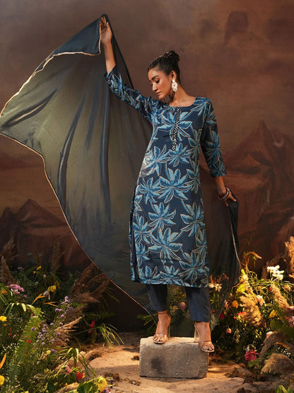Dhiyona IS Women's Navy Blue Floral Printed Beads And Stones Straight Kurta With Trousers & Dupatta