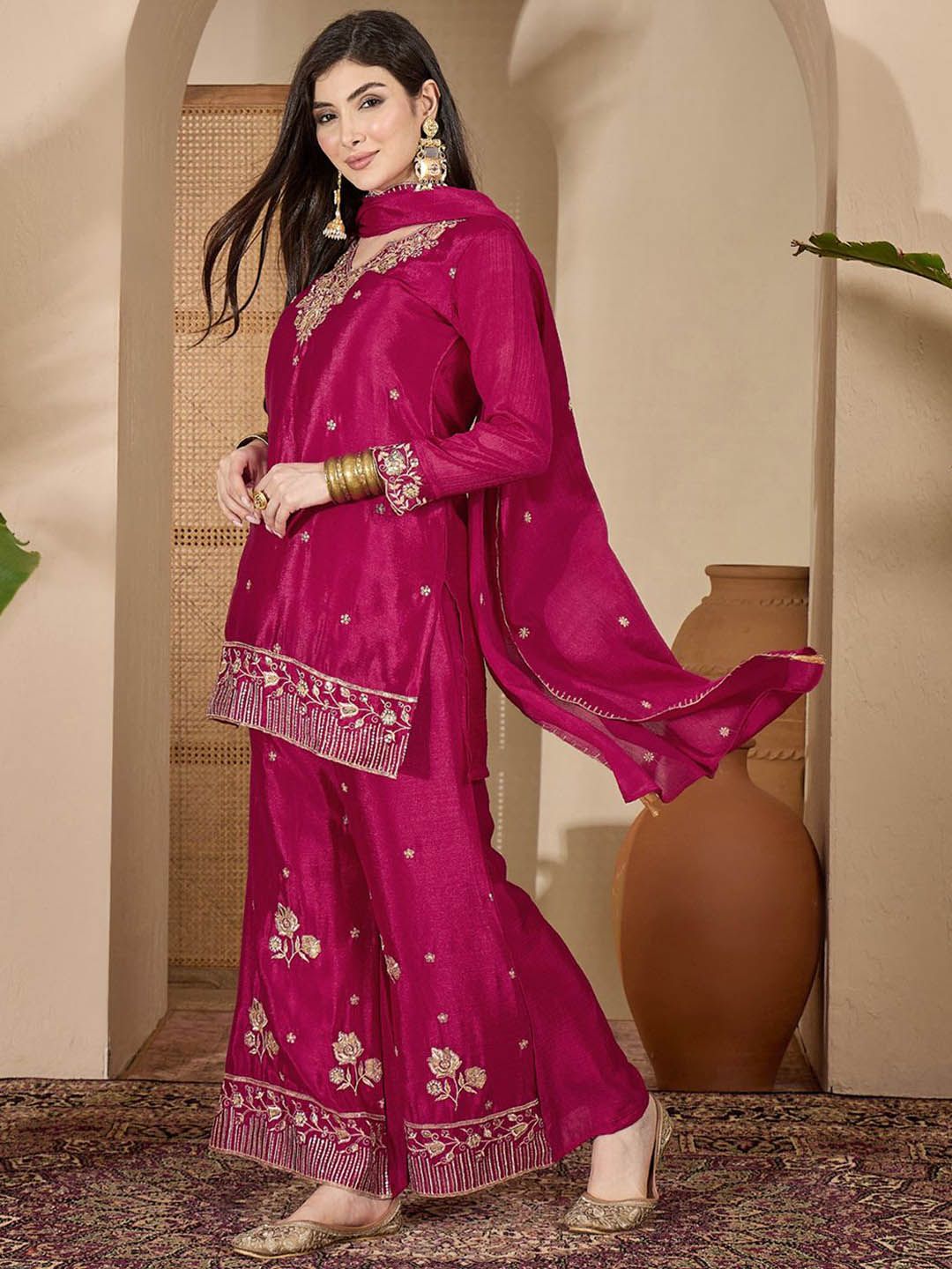 Dhiyona SN Zari Sequence Thread Embroidered Straight Kurta With Palazzos & Dupatta