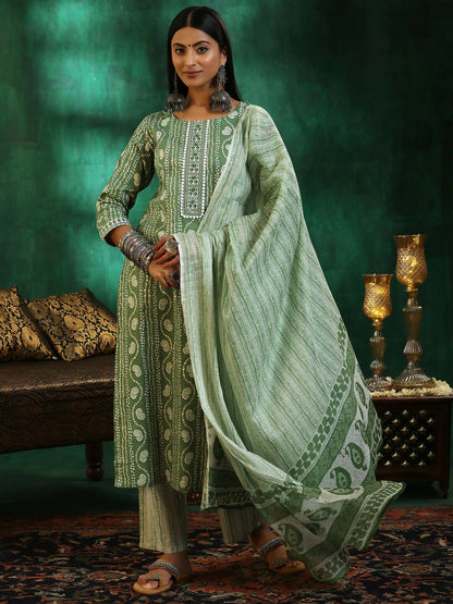 Women's LB Green Printed Cotton Straight Suit With Dupatta