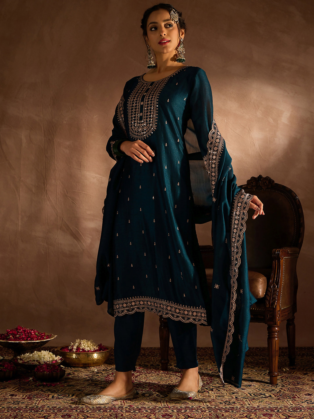 Women's Teal Embroidered Straight Kurta Trousers With Dupatta set