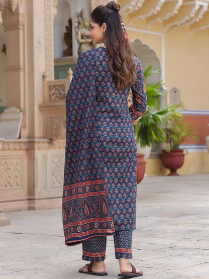 Dhiyona RR Women's Ethnic Motifs Printed Pleated Pure Cotton Kurta with Trousers & With Dupatta