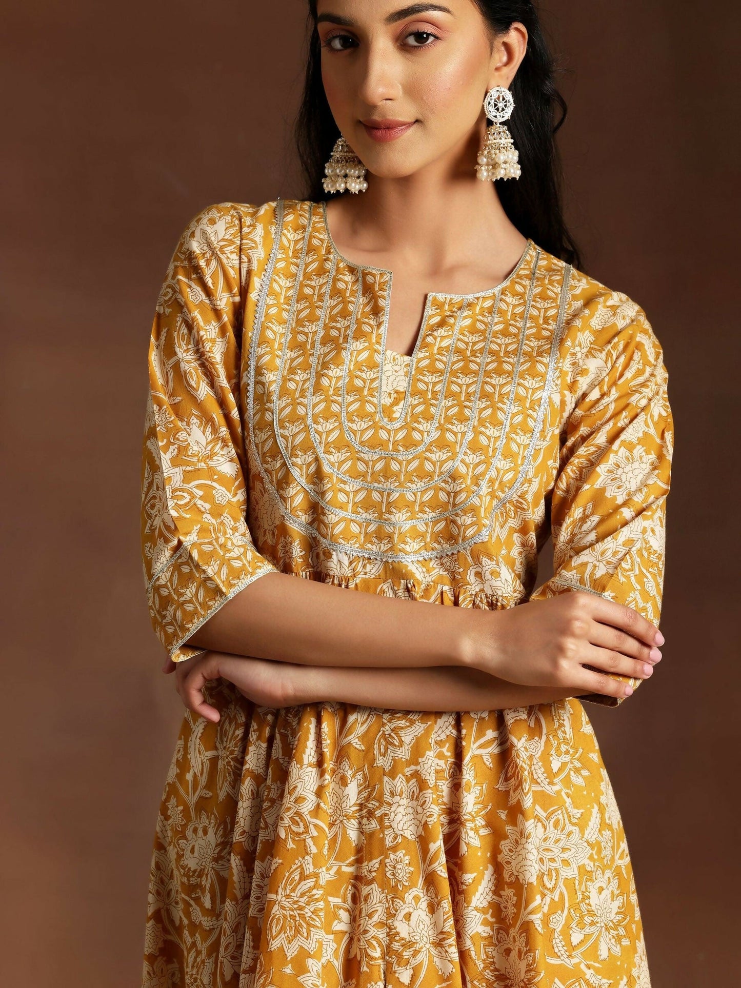 Women's LB Mustard Printed Cotton Anarkali Suit With Dupatta