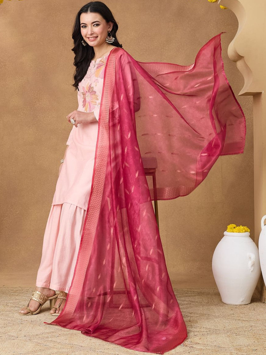 Embroidered Round Neck Kurta & Sharara With Dupatta