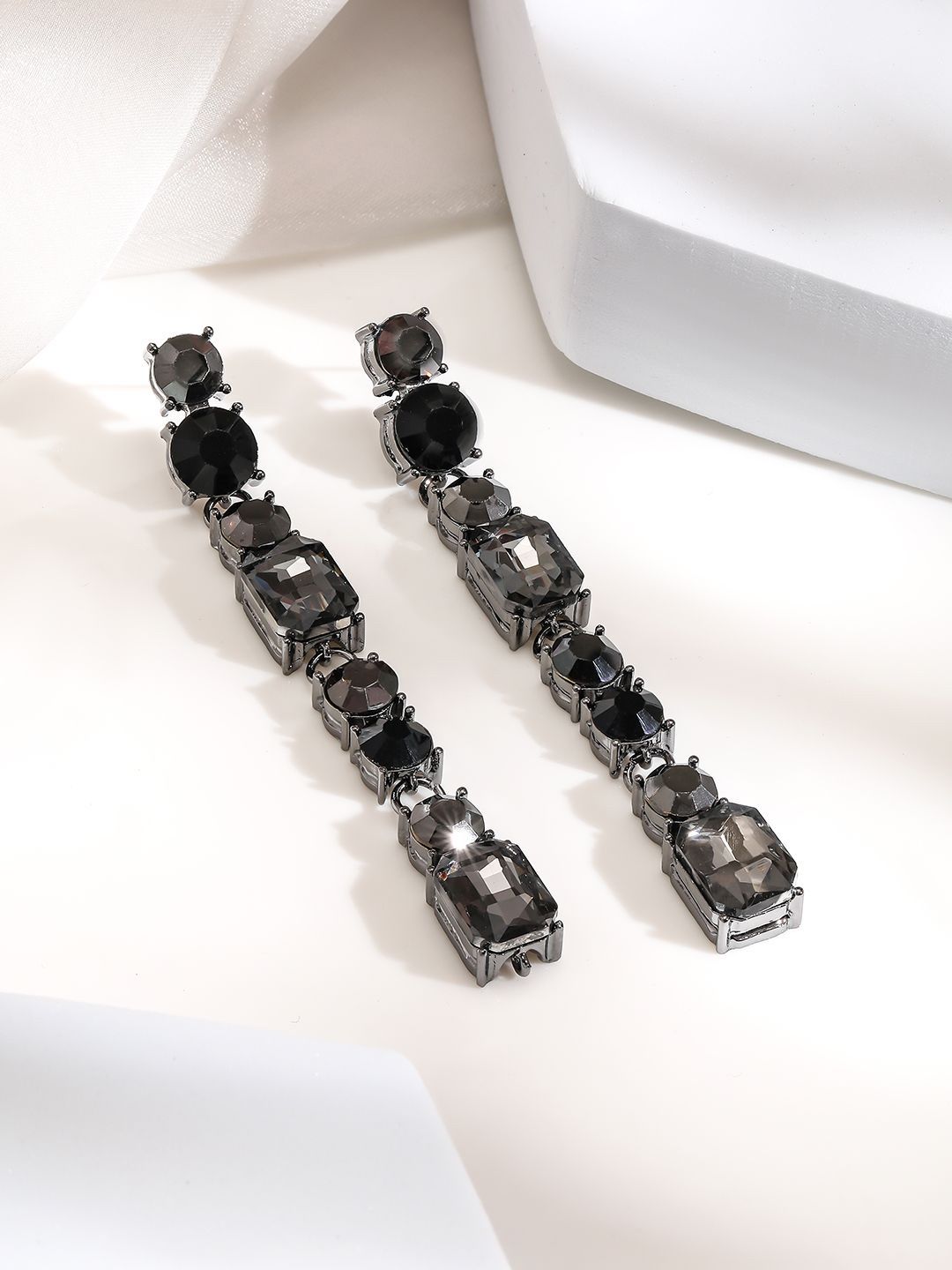 Dhiyona RJ Women's Gunmetal-Plated Black Zicronia Stone Long Dangle Earrings