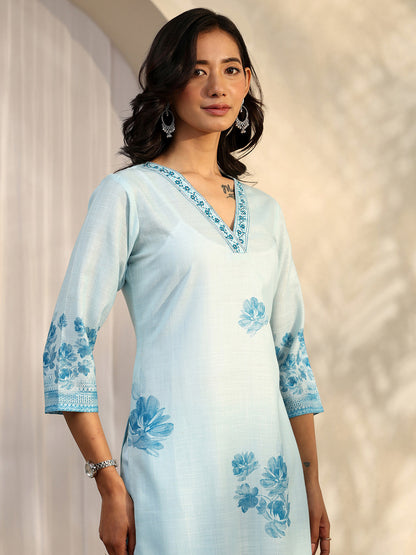 Women Blue Printed Linen Straight Suit Set With Dupatta