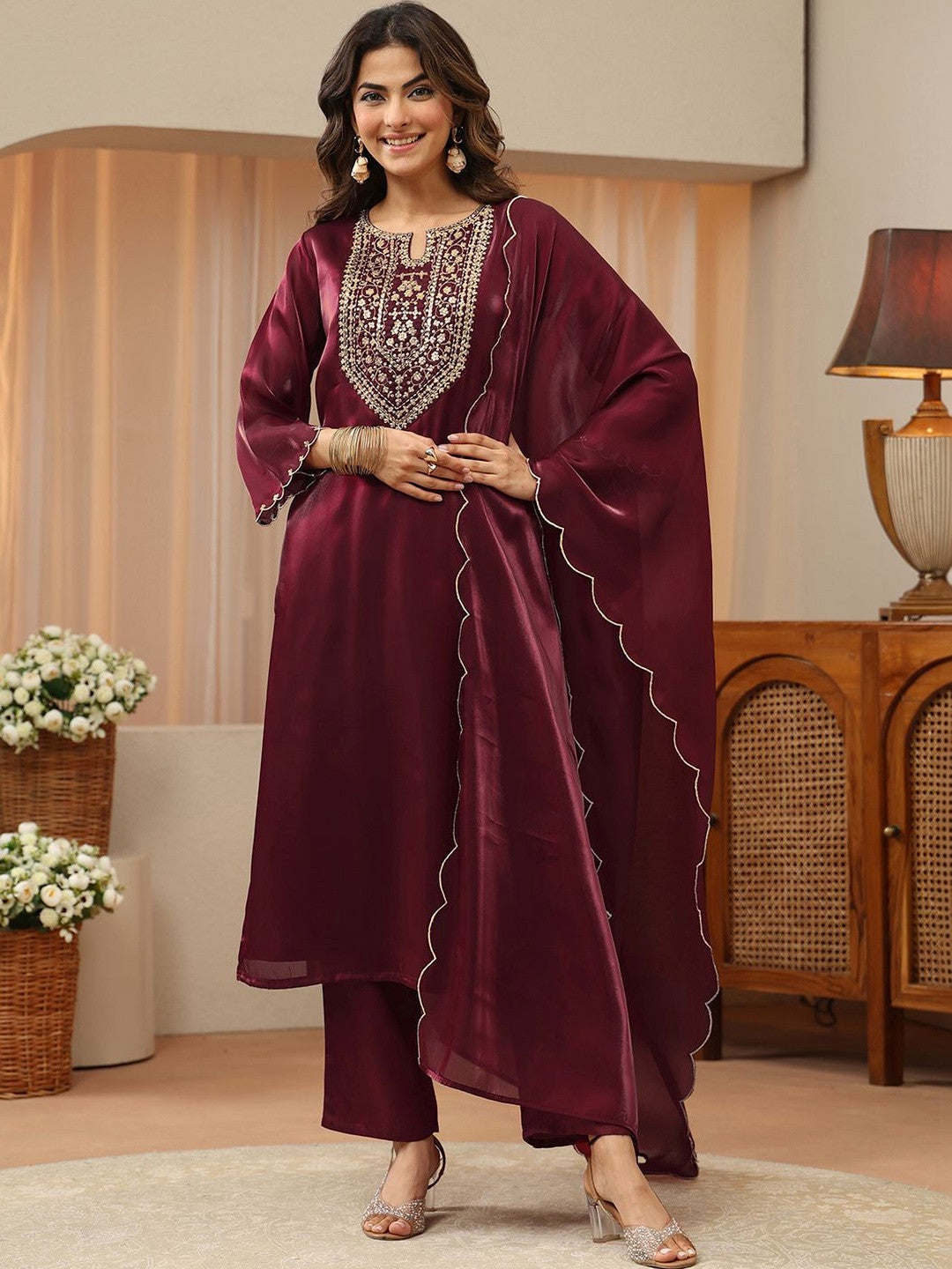 Libas Maroon Yoke Design Tissue Straight Suit Set