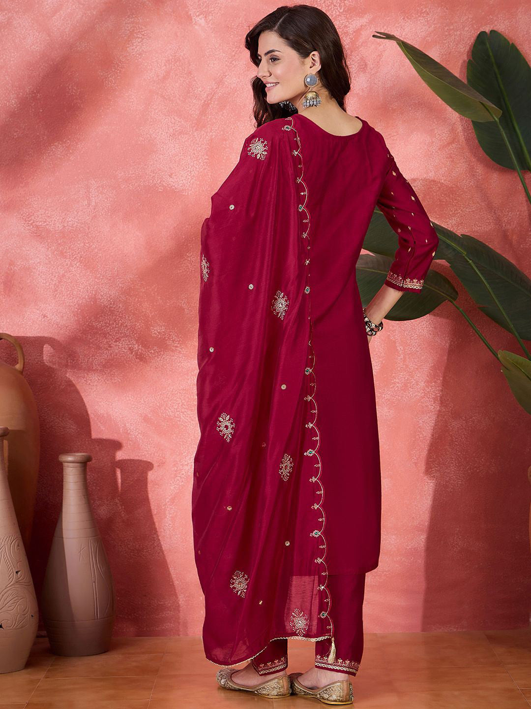 Floral Embroidered Round Neck Sequinned Straight Kurta With Trousers & Dupatta
