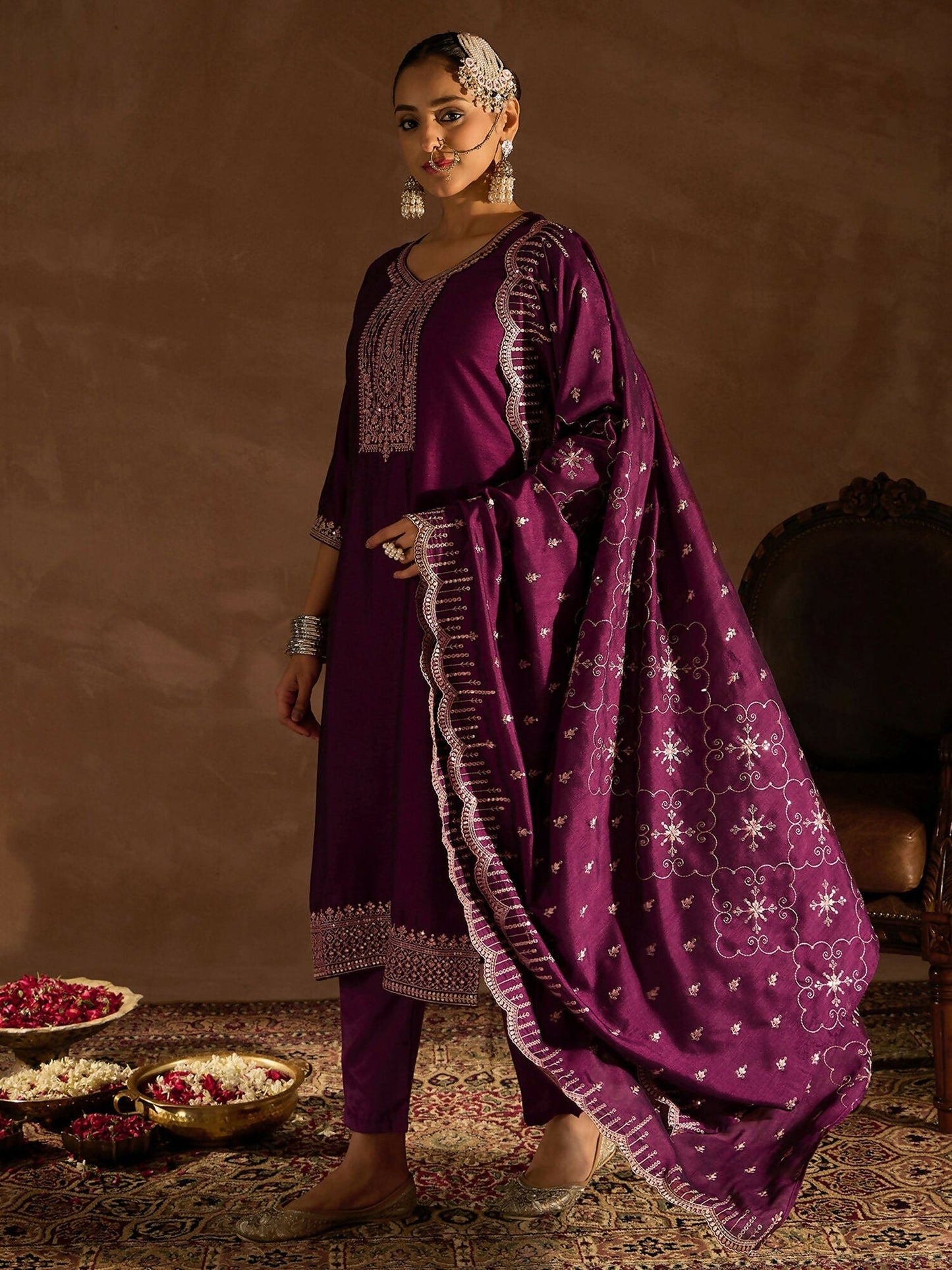 Women's Burgundy Ethnic Motifs Embroidered Sequinned Kurta with Trousers & With Dupatta